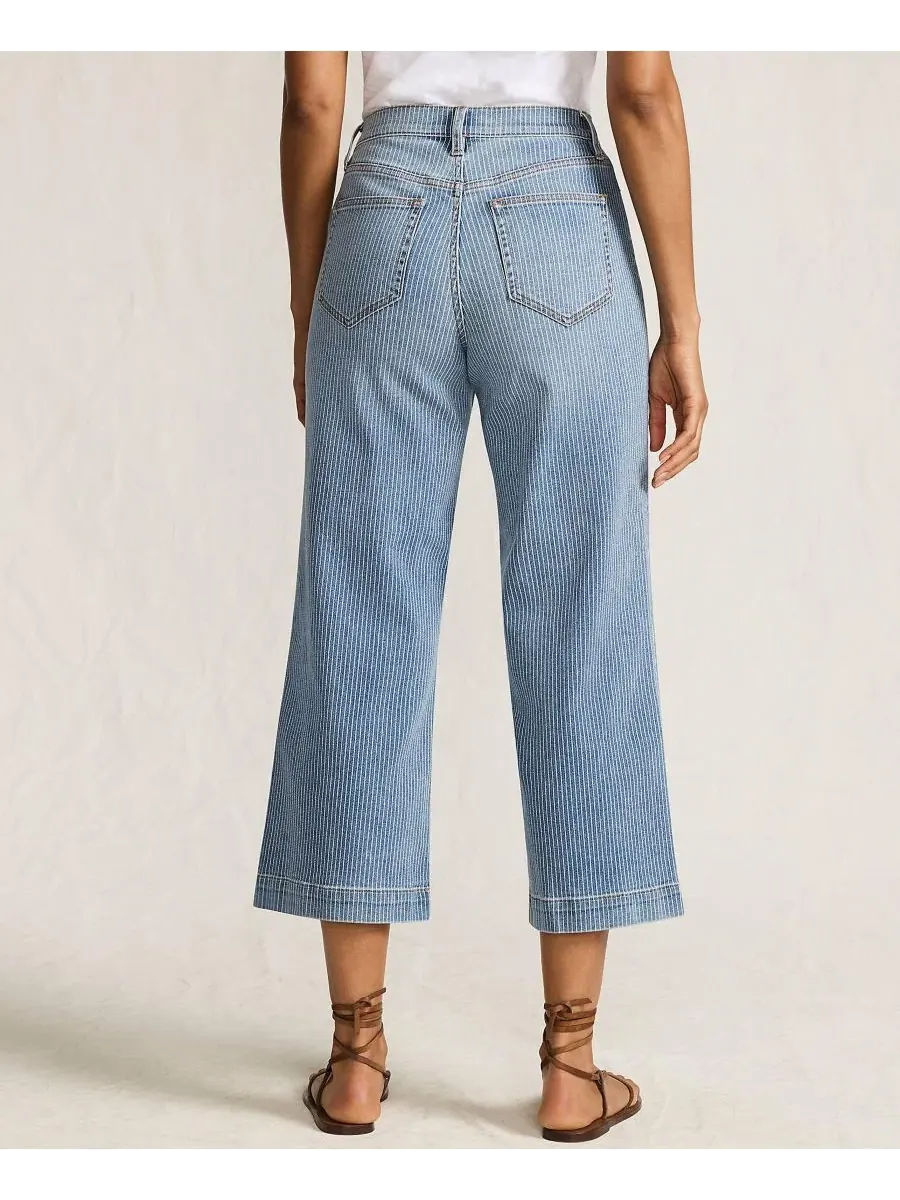 Женские укороченные джинсы Tall Recover Denim с высокой посадкой и широкими штанинами Lands' End — изображение 2 из 4, синий