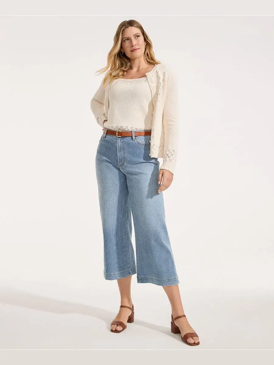 Женские укороченные джинсы Tall Recover Denim с высокой посадкой и широкими штанинами Lands' End — изображение 3 из 4, синий