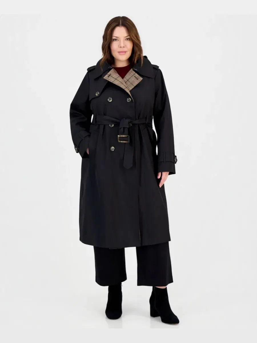 Плащ с поясом и съемным капюшоном, модель Plus Size Plaid Collar Belted Trench Coat London Fog — черный