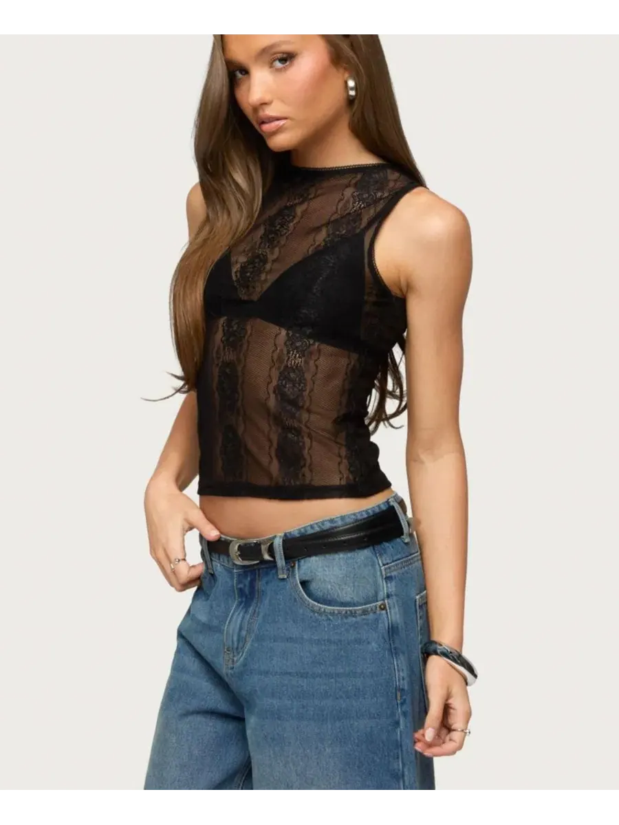 Топ на бретелях с кружевом Ephie Sheer Lace Edikted — изображение 4 из 5, черный