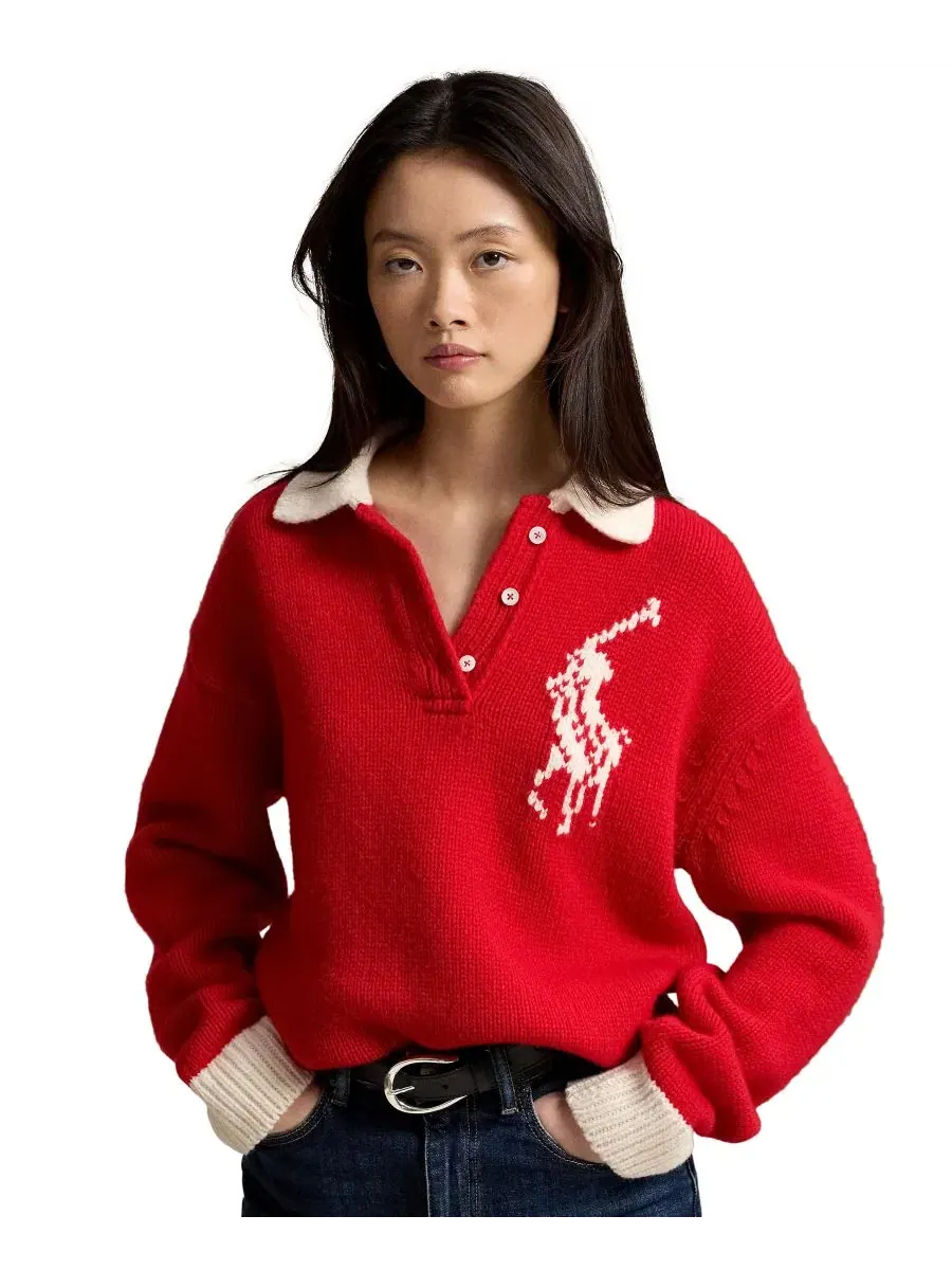 Свитер с воротником-поло из шерсти, модель Big Pony Rugby Polo Ralph Lauren