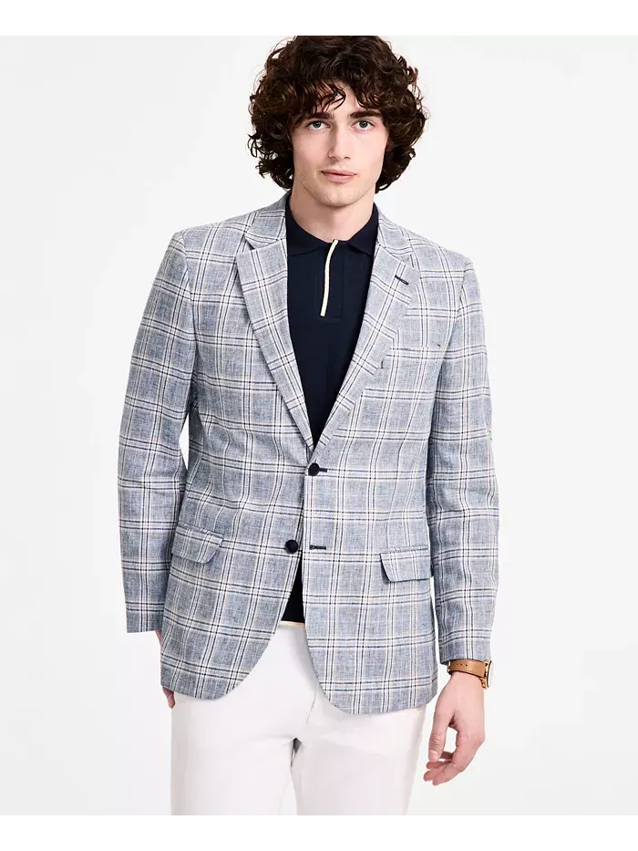 Мужской хлопковый и льняной печатный спортивный пиджак Modern-Fit Nautica — синий