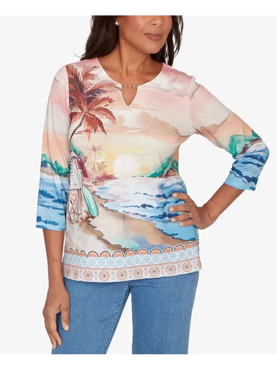 Petite Beachcomber Sunset Beach Scenic Split Neck Top Alfred Dunner — мульти
