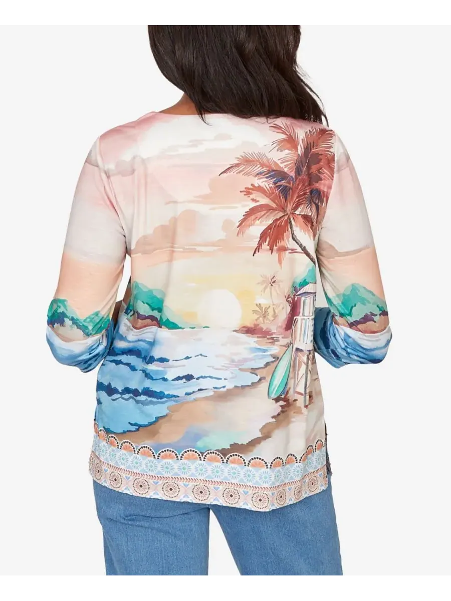 Petite Beachcomber Sunset Beach Scenic Split Neck Top Alfred Dunner — изображение 5 из 5, мульти