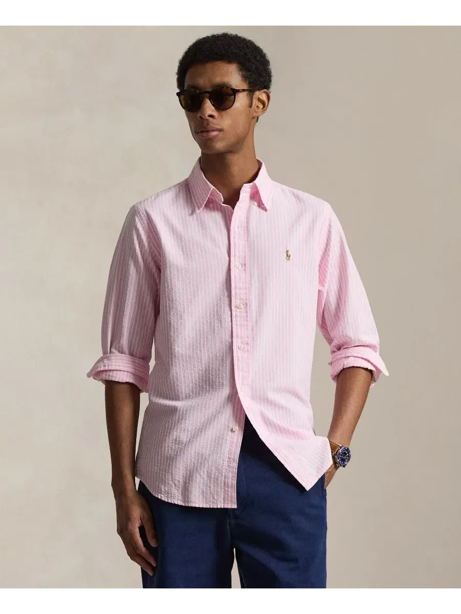 Мужская рубашка The Iconic Mesh Polo Ralph Lauren — изображение 3 из 6, розовый белый