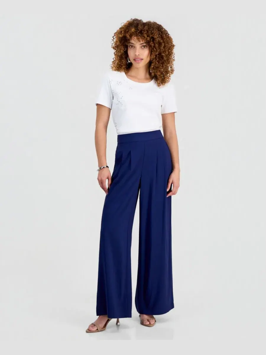 Брюки с защипами и широкими штанинами, модель Petite Pleated Pull-On Wide-Leg Pants I.N.C — изображение 1 из 7, индиго