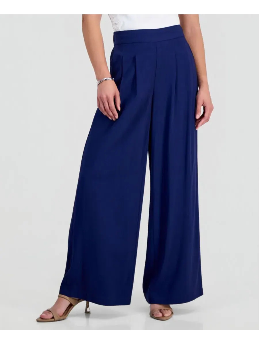 Брюки с защипами и широкими штанинами, модель Petite Pleated Pull-On Wide-Leg Pants I.N.C — изображение 3 из 7, индиго