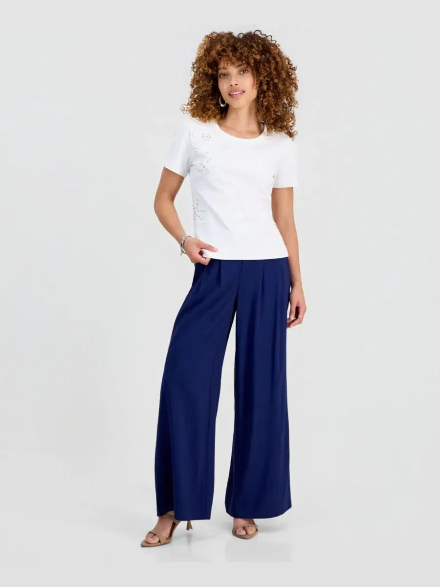 Брюки с защипами и широкими штанинами, модель Petite Pleated Pull-On Wide-Leg Pants I.N.C — изображение 5 из 7, индиго