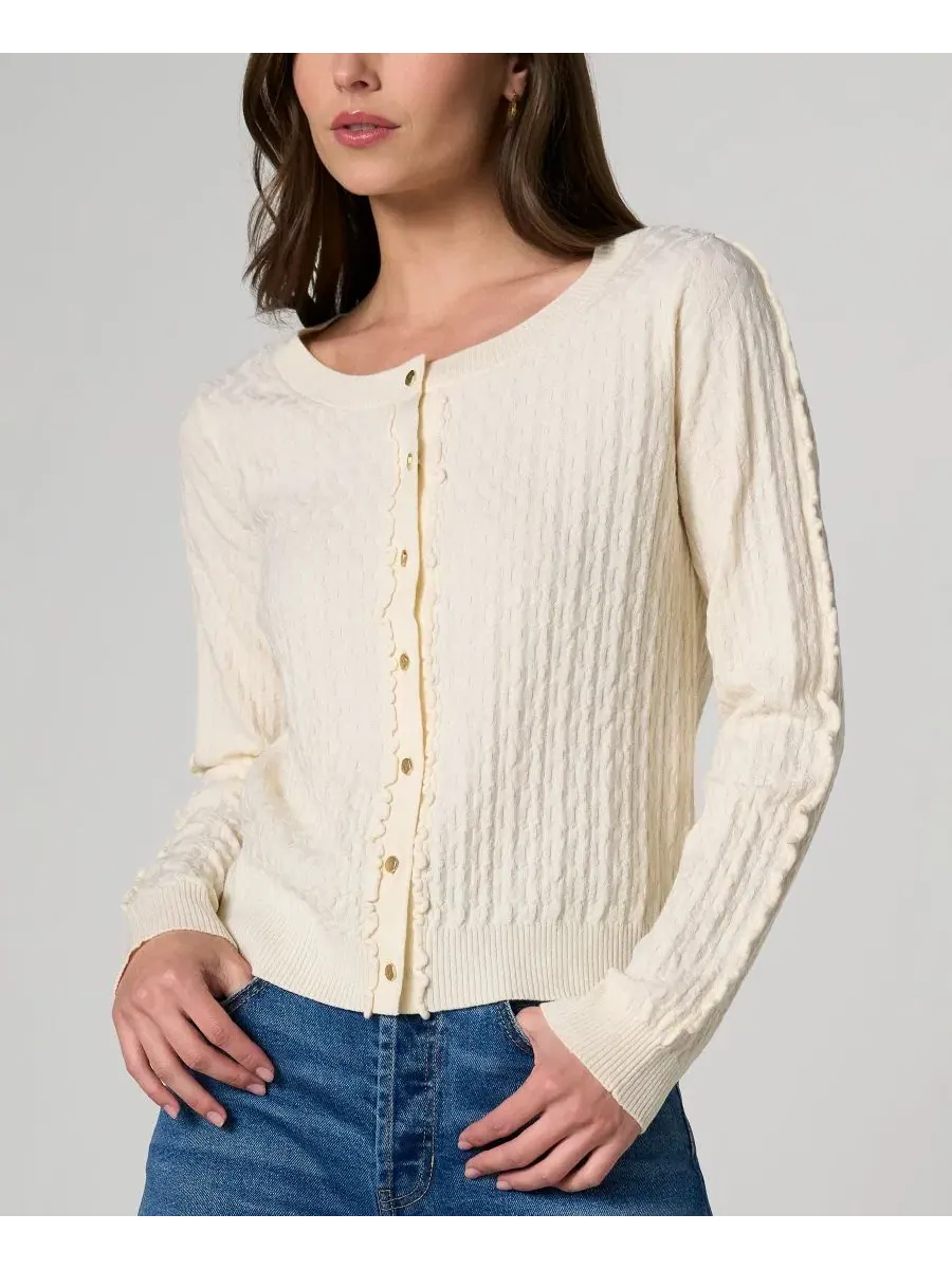 Кардиган с отделкой рюшами и пуговицами Petite Button-Front Ruffle Trim Liverpool Los Angeles — изображение 2 из 4, бежевый