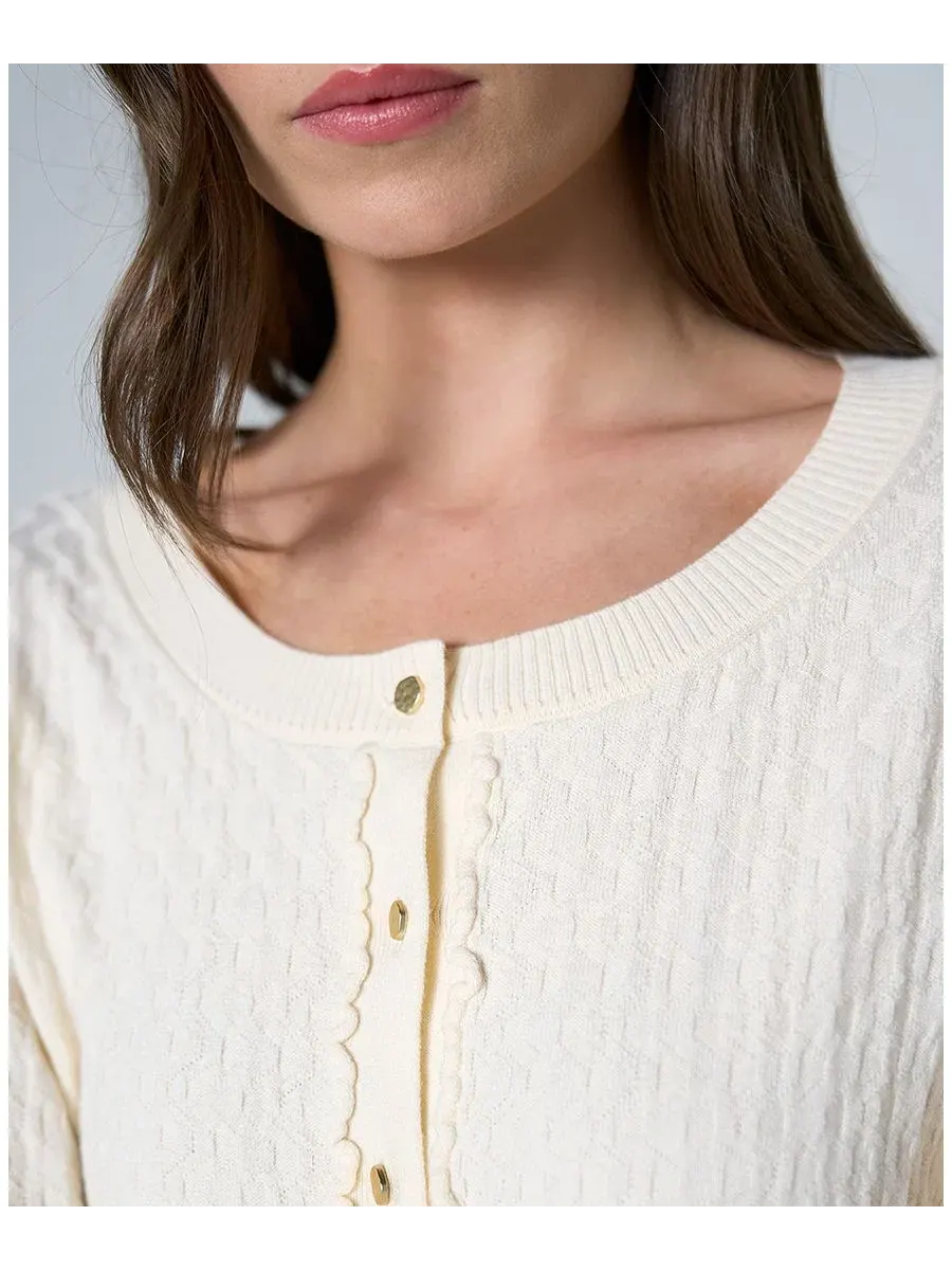 Кардиган с отделкой рюшами и пуговицами Petite Button-Front Ruffle Trim Liverpool Los Angeles — изображение 3 из 4, бежевый