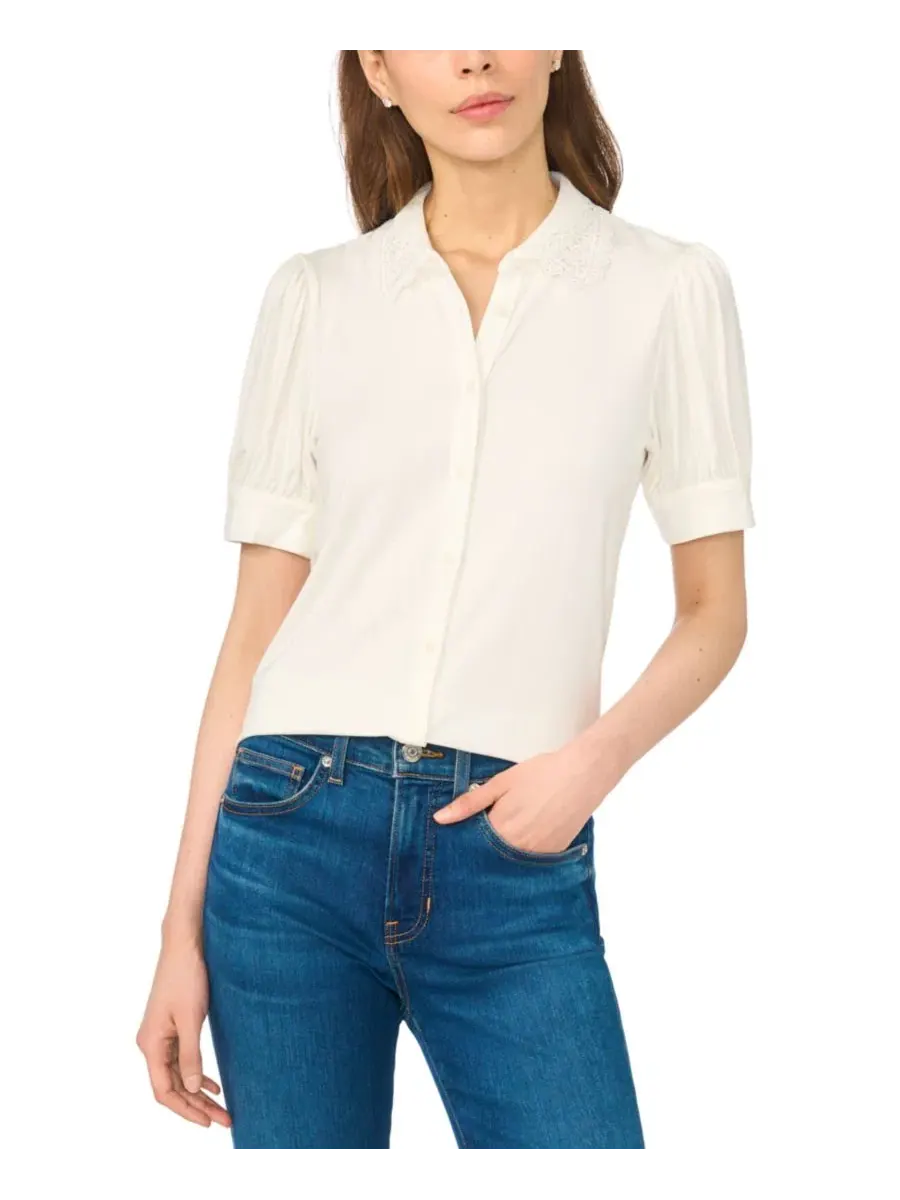 Блузка с коротким рукавом-фонарик и воротником с фестонами, модель Scallop-Trim Button-Up CeCe