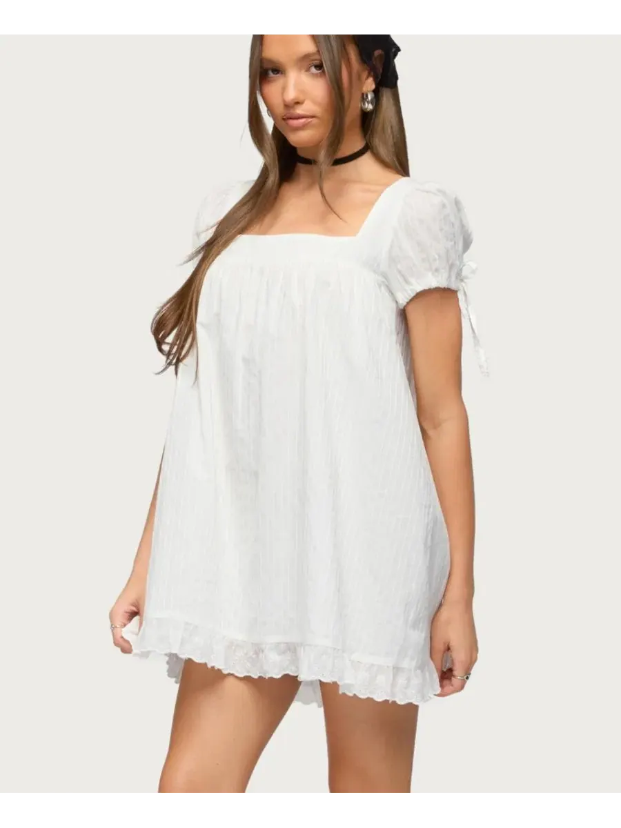Женское хлопковое мини-платье с коротким рукавом Sepid Striped Cotton Mini Dress Edikted — изображение 4 из 5, бежевый