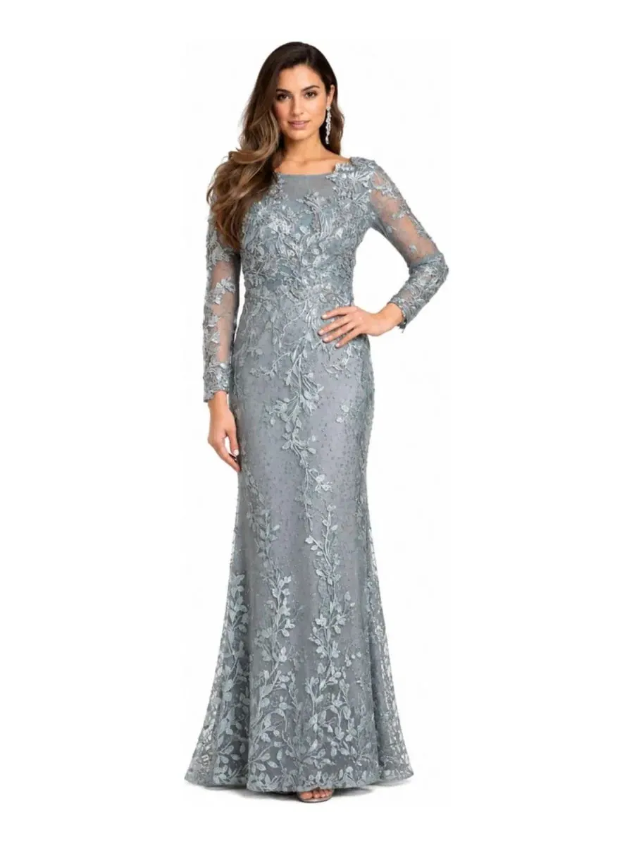 Платье длинное с кружевными аппликациями и камнями, модель Long Sleeve Lace Dress Lara — изображение 1 из 3, серебристый