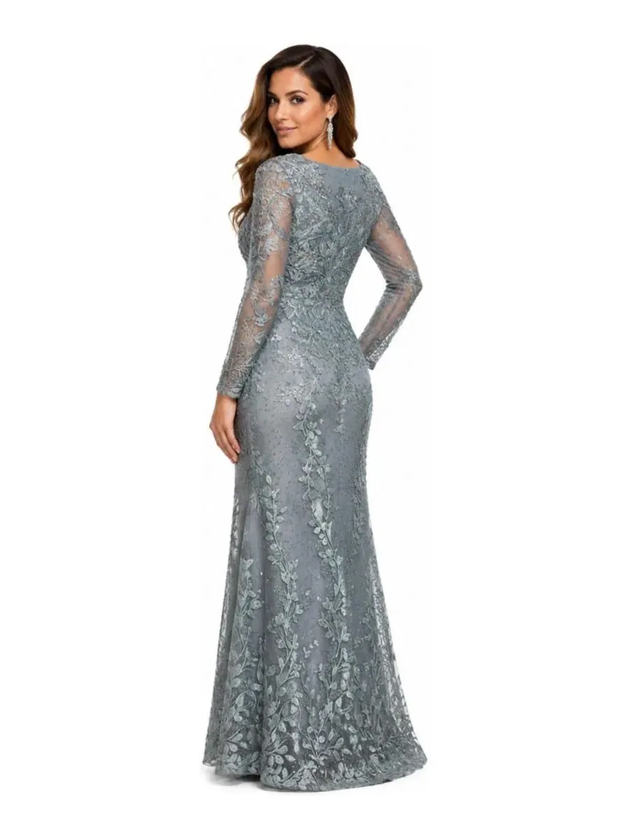 Платье длинное с кружевными аппликациями и камнями, модель Long Sleeve Lace Dress Lara — изображение 2 из 3, серебристый