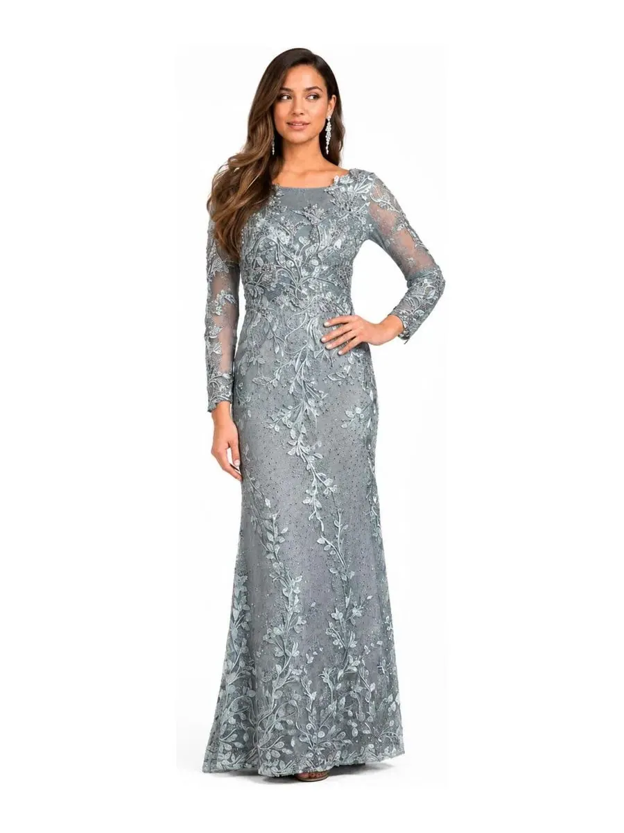 Платье длинное с кружевными аппликациями и камнями, модель Long Sleeve Lace Dress Lara — изображение 3 из 3, серебристый