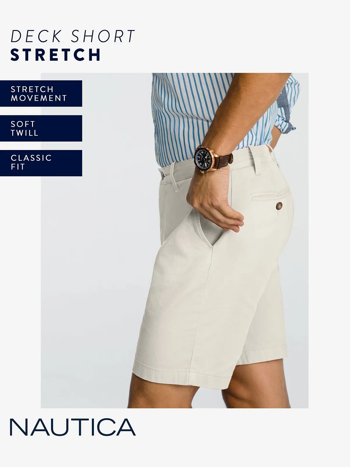 Эластичные брюки чинос classic-fit длиной 8,5 дюйма без защипов с плоским передом Nautica — изображение 4 из 4, мульти