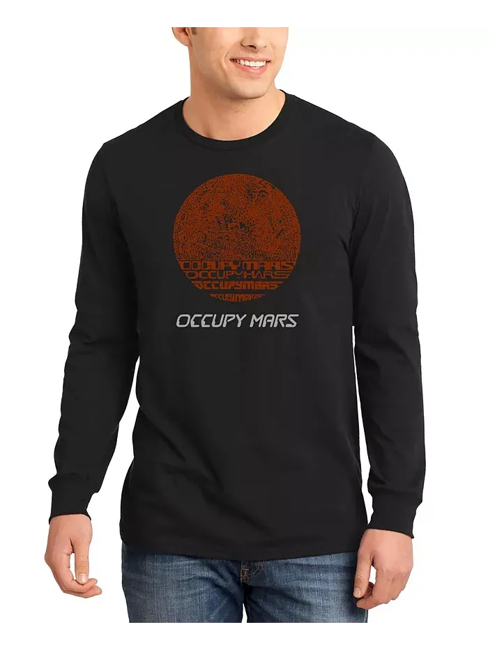 Мужская футболка с длинным рукавом "Occupy Mars" с принтом LA Pop Art — изображение 1 из 2, черный