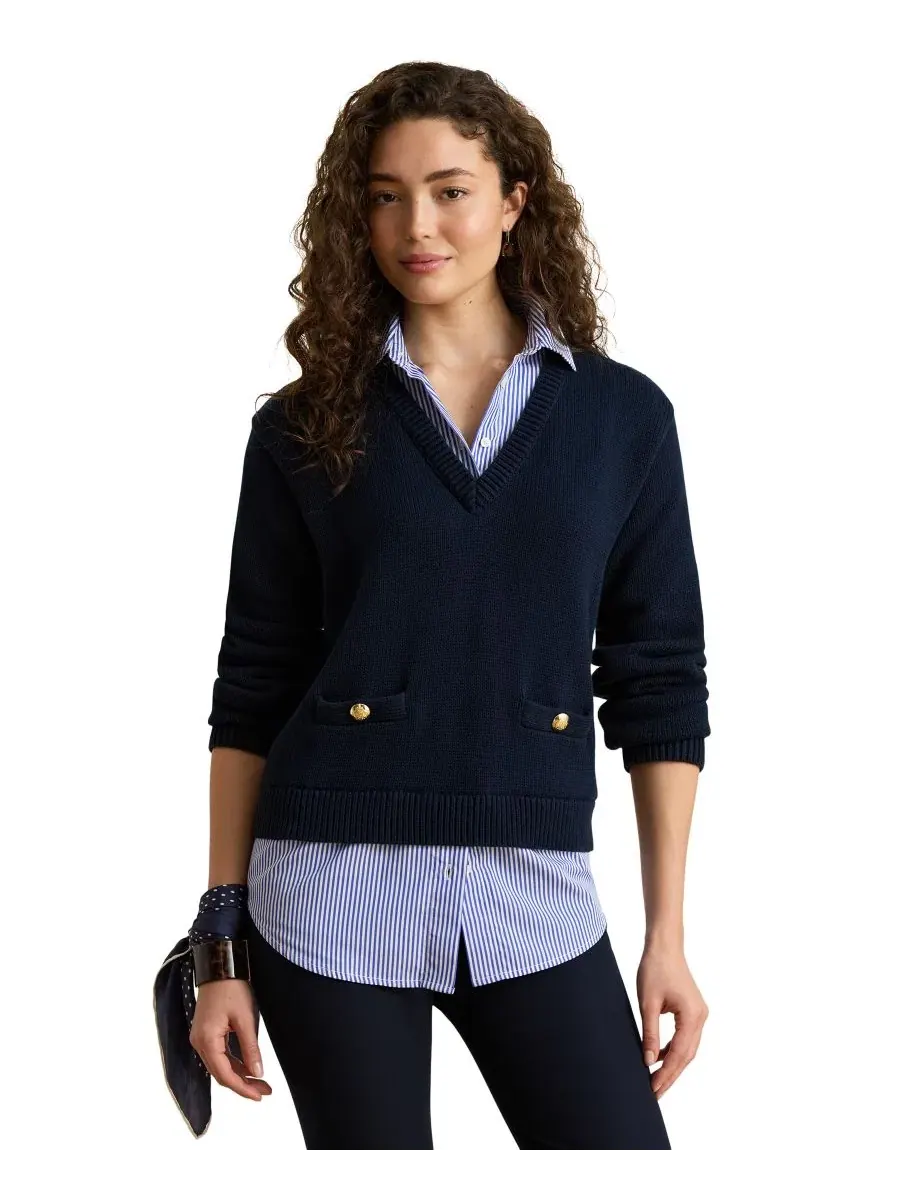 Пуловер с V-образным вырезом и воротником-рубашкой из хлопка Lauren Ralph Lauren