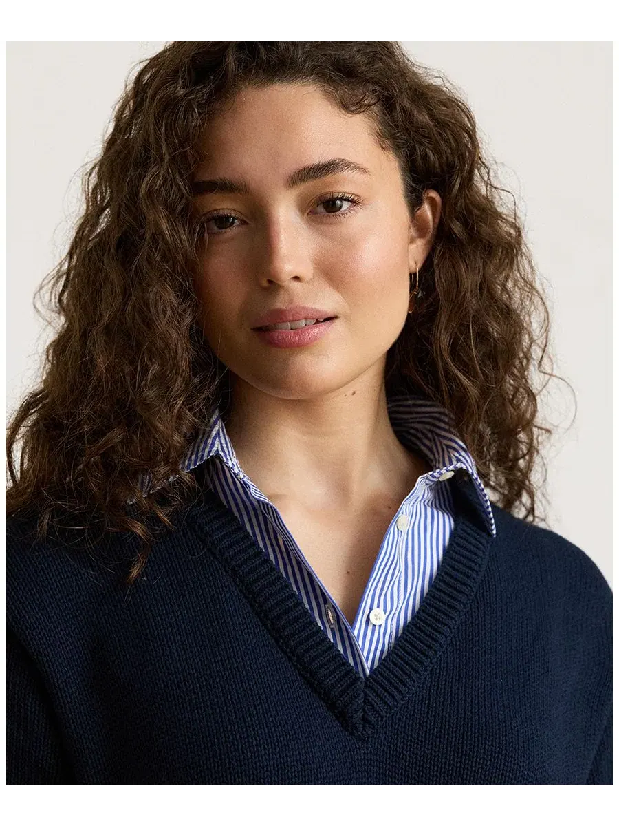 Пуловер с V-образным вырезом и воротником-рубашкой из хлопка Lauren Ralph Lauren — изображение 3 из 6, темно-синий мульти