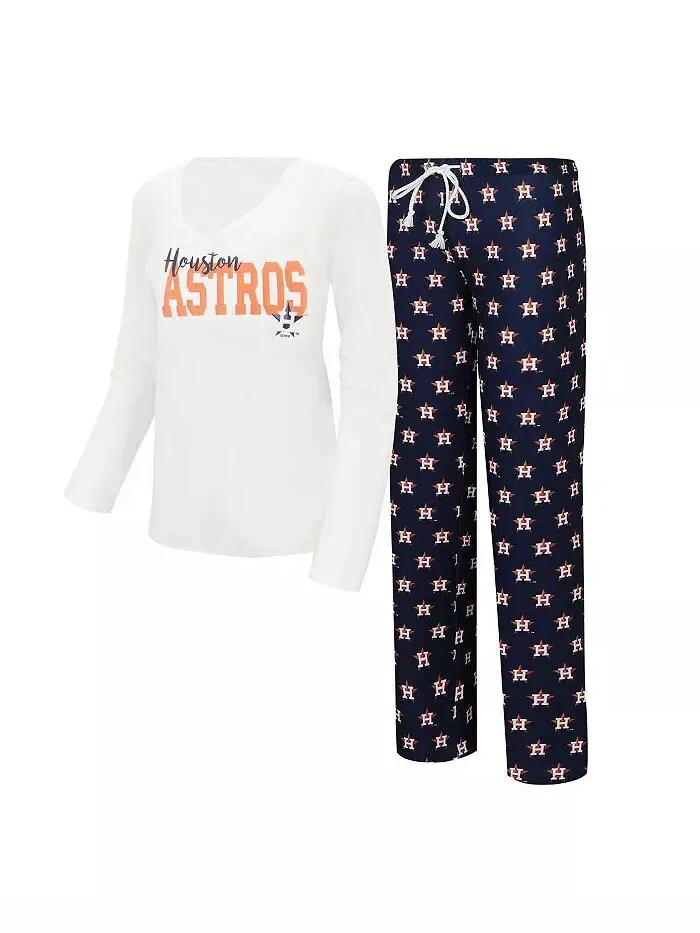 Женская белая, темно-синяя футболка Houston Astros с длинным рукавом и V-образным вырезом и
