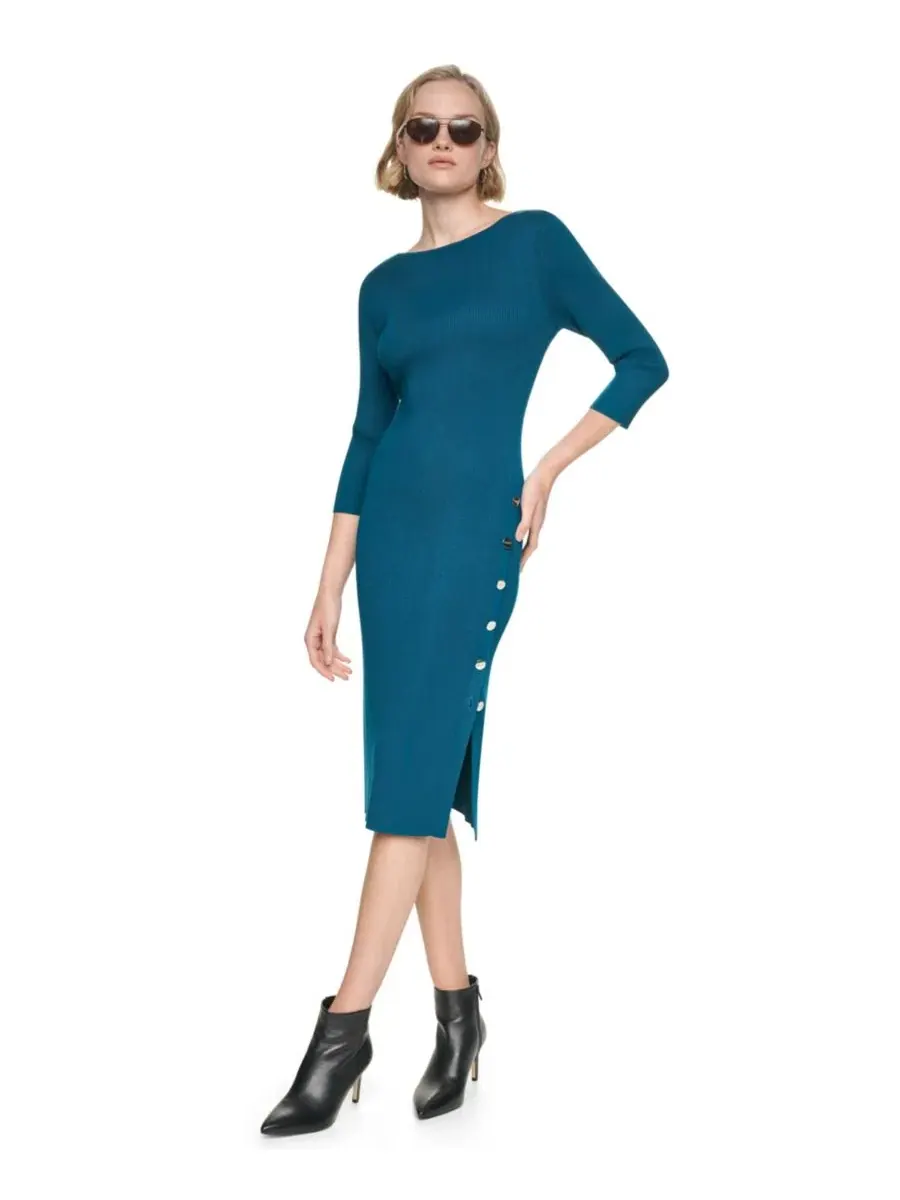 Платье миди с лодочкой и ребристым трикотажем, 3/4 рукав DKNY — изображение 2 из 6, кипарис
