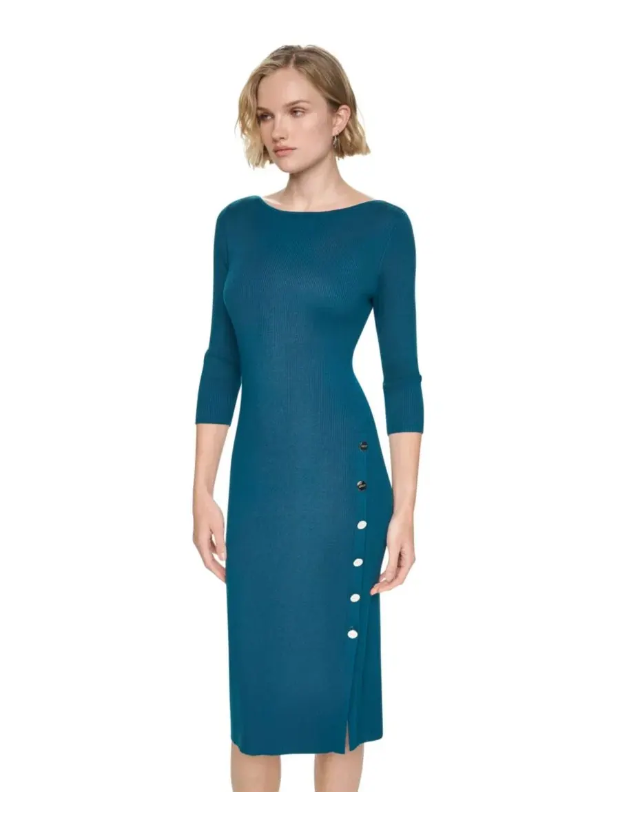 Платье миди с лодочкой и ребристым трикотажем, 3/4 рукав DKNY — изображение 3 из 6, кипарис
