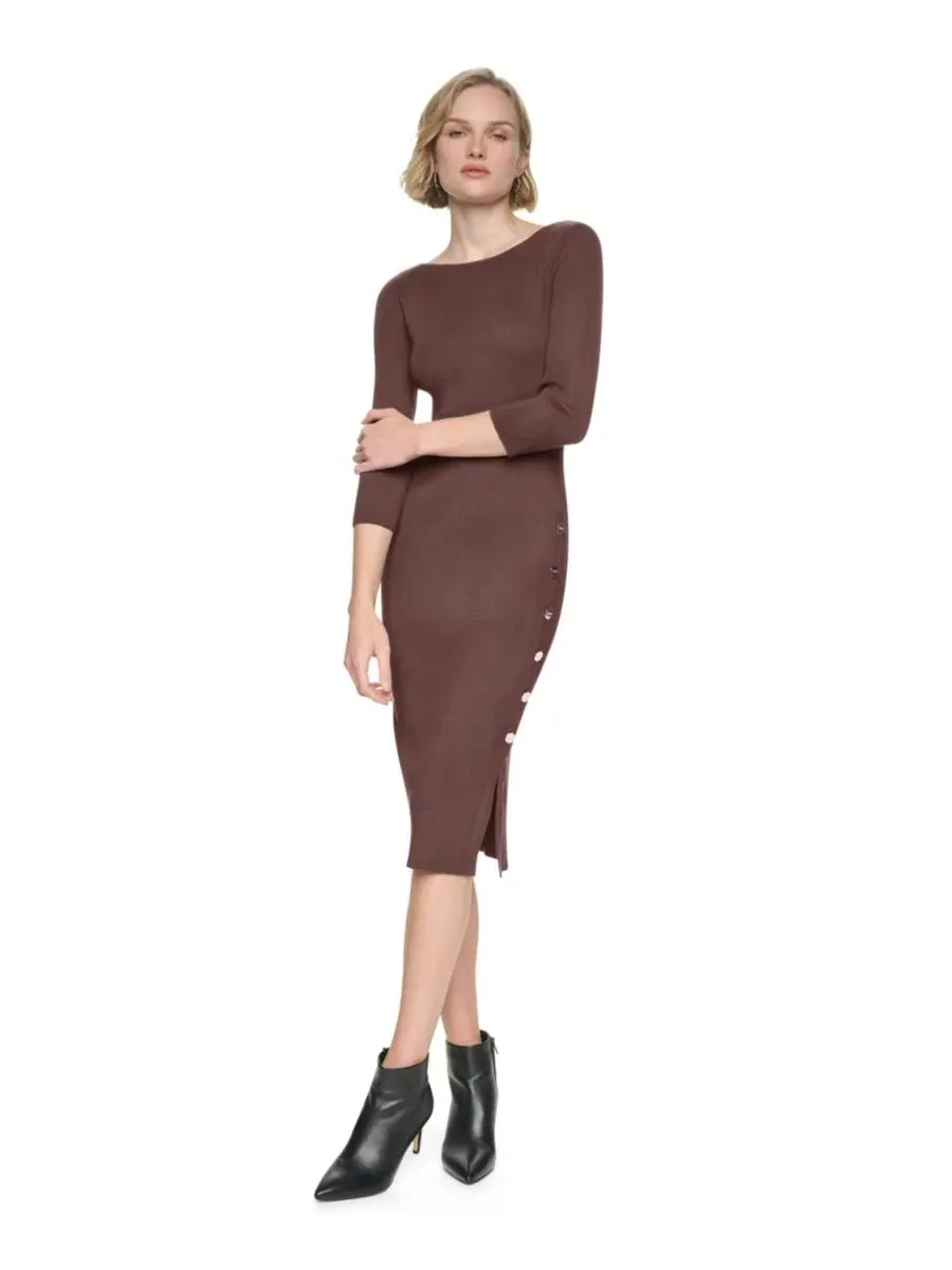 Платье миди с лодочкой и ребристым трикотажем, 3/4 рукав DKNY — изображение 2 из 6, сливовый