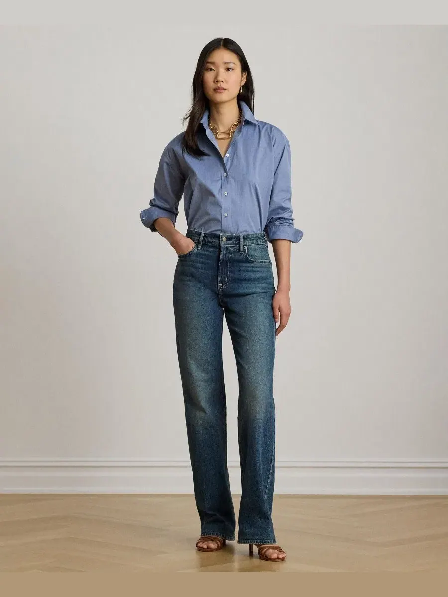 Оверсайз рубашка с пуговицами, модель Oversized Button Placket Shirt Lauren Ralph Lauren — изображение 2 из 7, синий