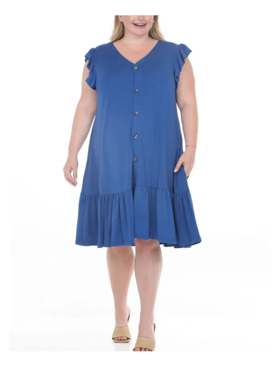 Платье-трапеция Plus Size Button-Front Tiered Swing Dress с рукавом-фонариком White Mark — изображение 1 из 5, синий