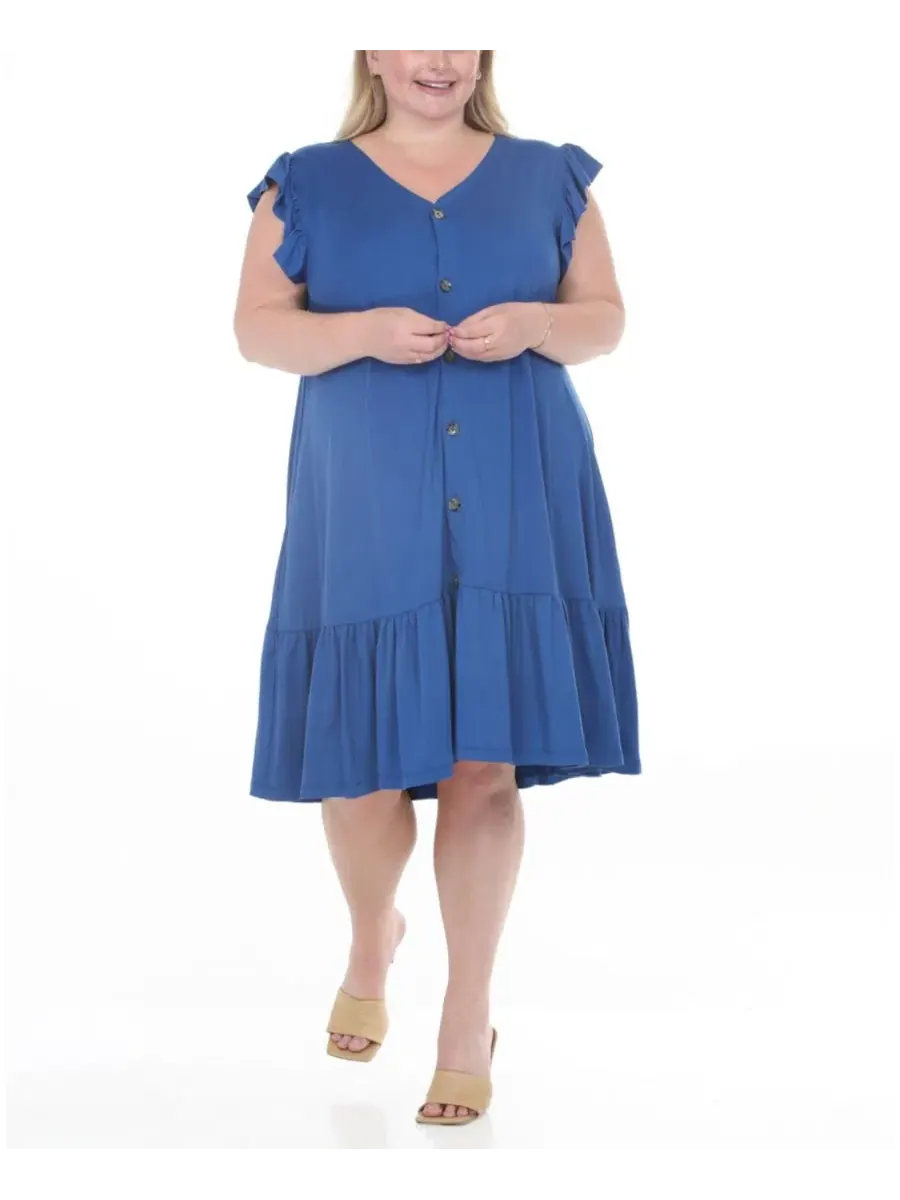 Платье-трапеция Plus Size Button-Front Tiered Swing Dress с рукавом-фонариком White Mark — изображение 2 из 5, синий