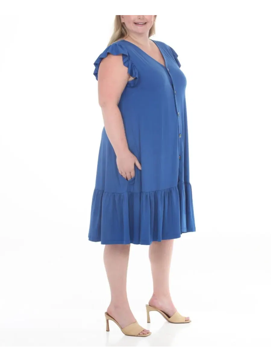 Платье-трапеция Plus Size Button-Front Tiered Swing Dress с рукавом-фонариком White Mark — изображение 3 из 5, синий
