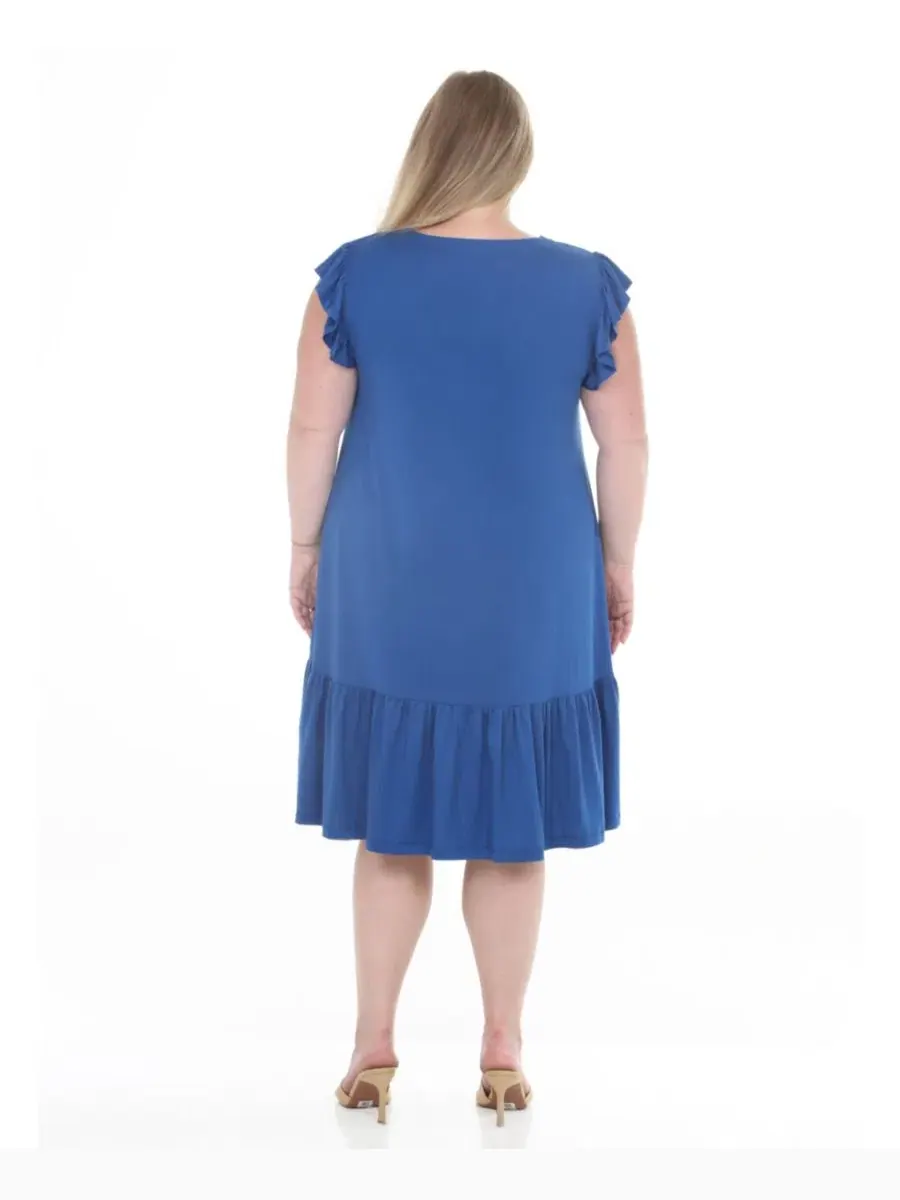 Платье-трапеция Plus Size Button-Front Tiered Swing Dress с рукавом-фонариком White Mark — изображение 5 из 5, синий