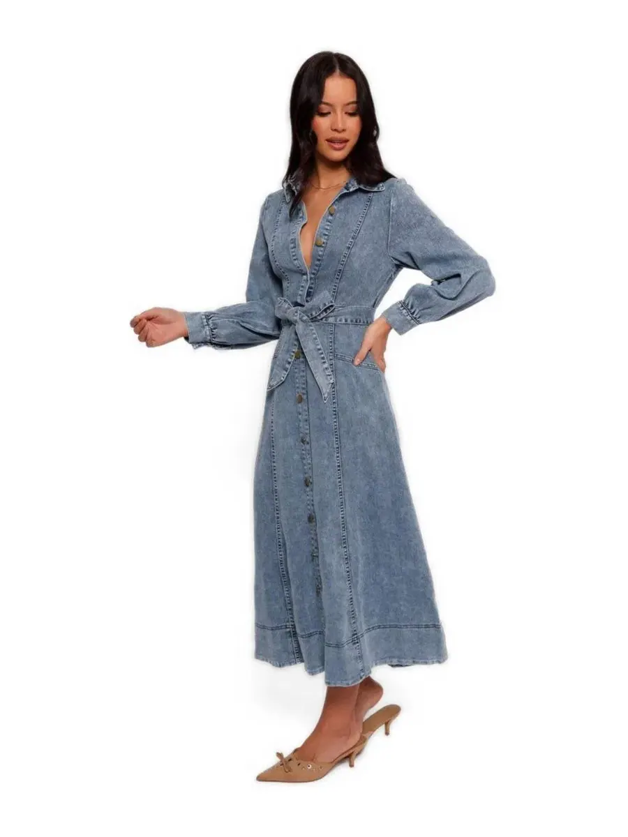 Макси-платье с длинным рукавом, на пуговицах, Emberly Petal and Pup — изображение 2 из 4, джинсовый синий