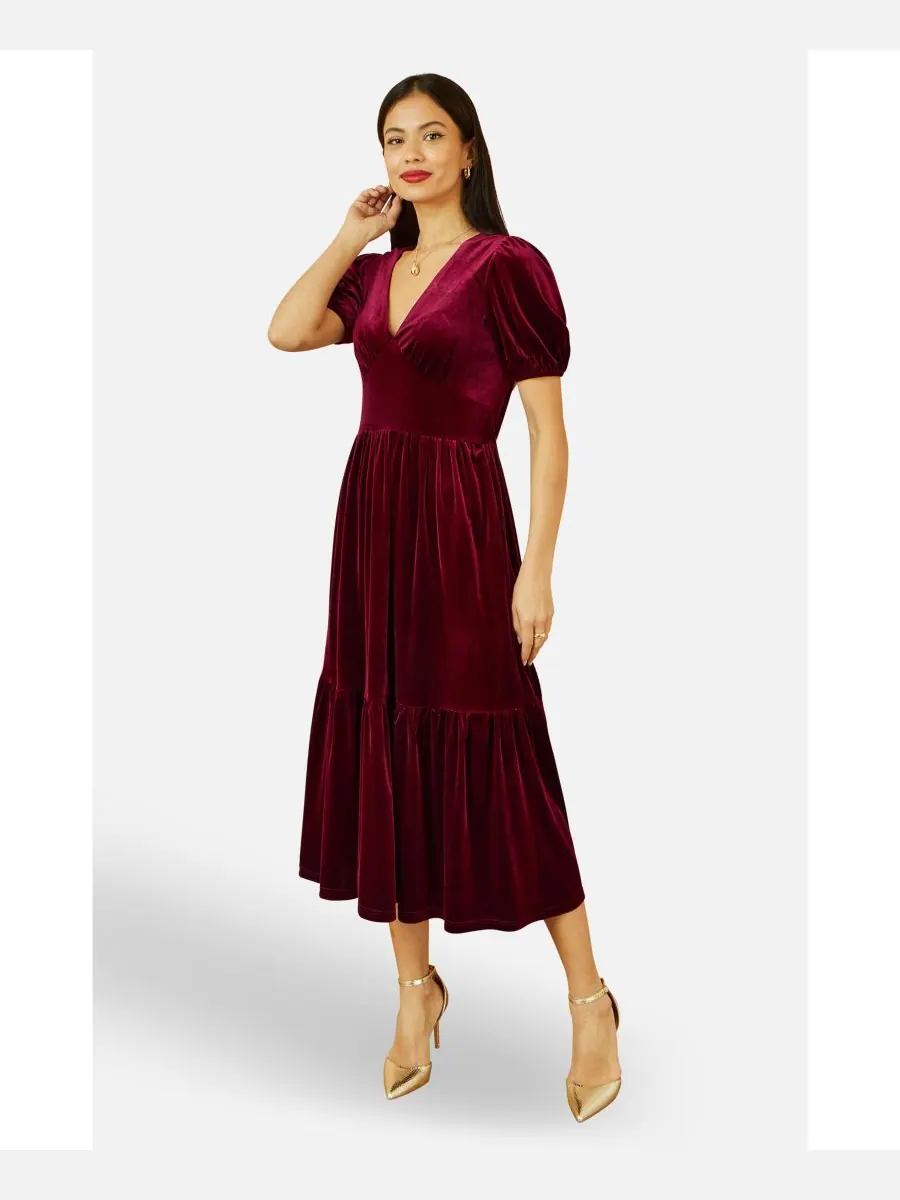 Женское бархатное платье миди Yumi — изображение 5 из 8, бордовый