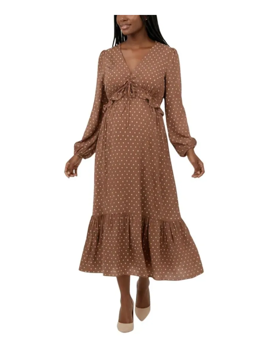 Платье миди с пышными рукавами и оборками - для мам Motherhood Maternity, Mocha Mousse & Vanilla Dot