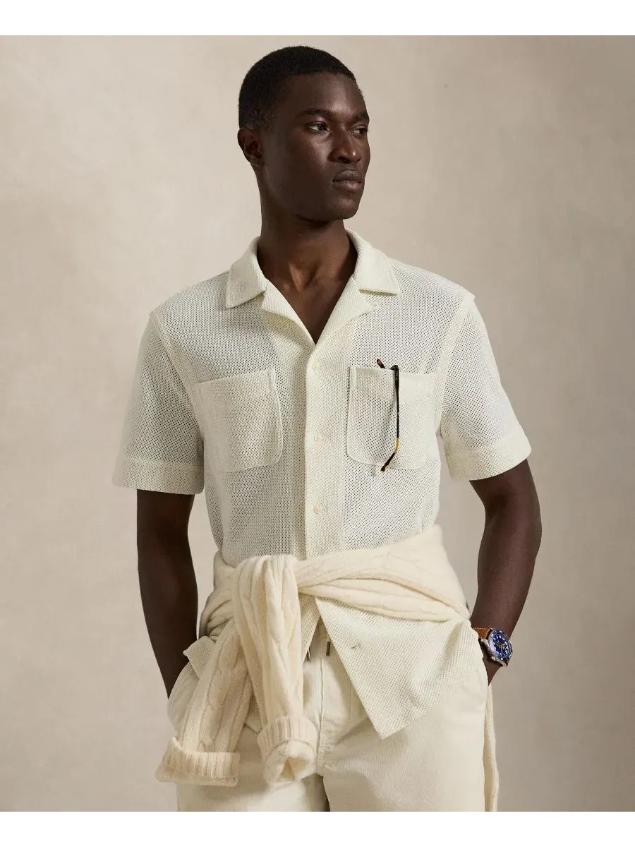 Рубашка с коротким рукавом из фактурного пике с вышивкой Pony Polo Ralph Lauren — изображение 1 из 5, бледный кремовый