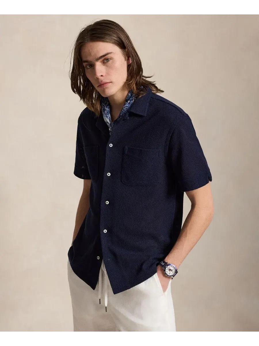 Рубашка с коротким рукавом из текстурного пике с вышивкой Polo Ralph Lauren — изображение 1 из 5, темно-синий