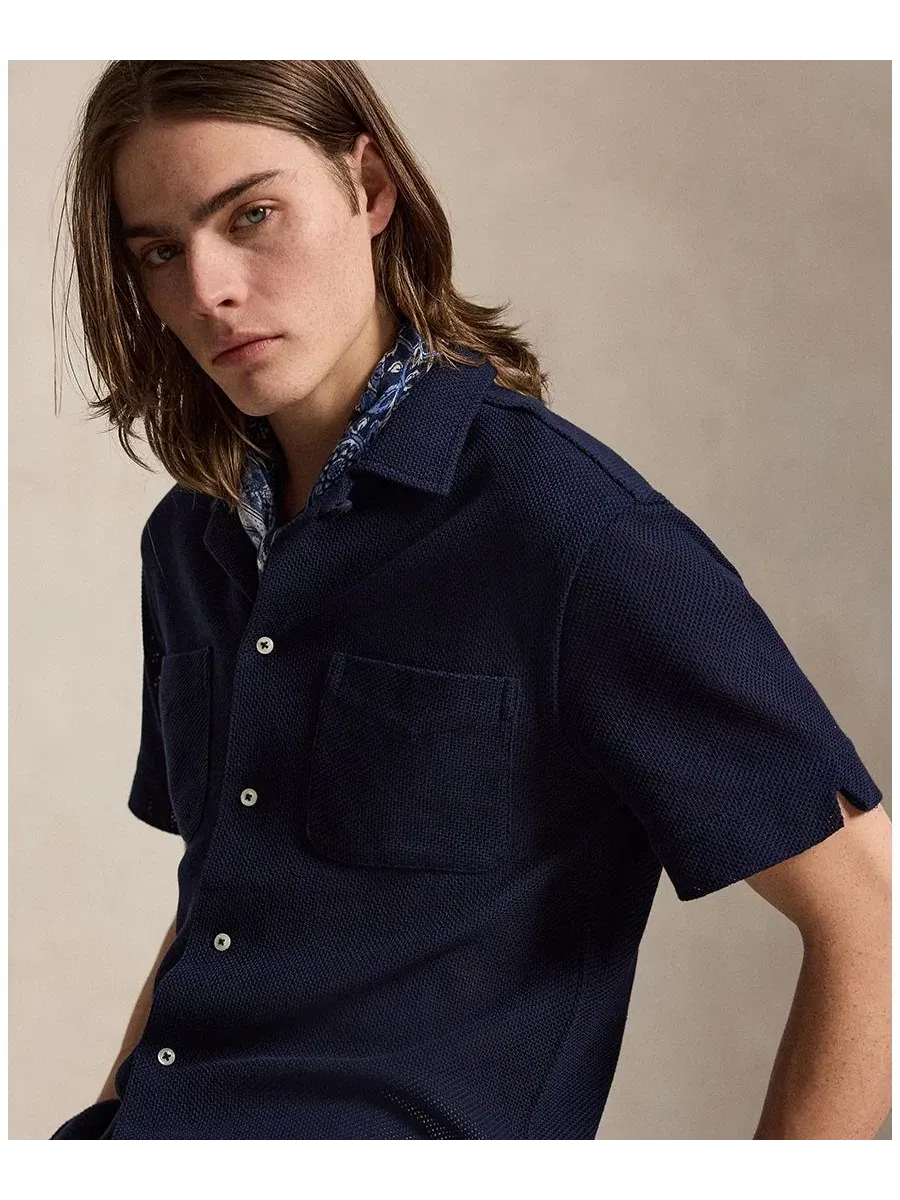 Рубашка с коротким рукавом из текстурного пике с вышивкой Polo Ralph Lauren — изображение 3 из 5, темно-синий