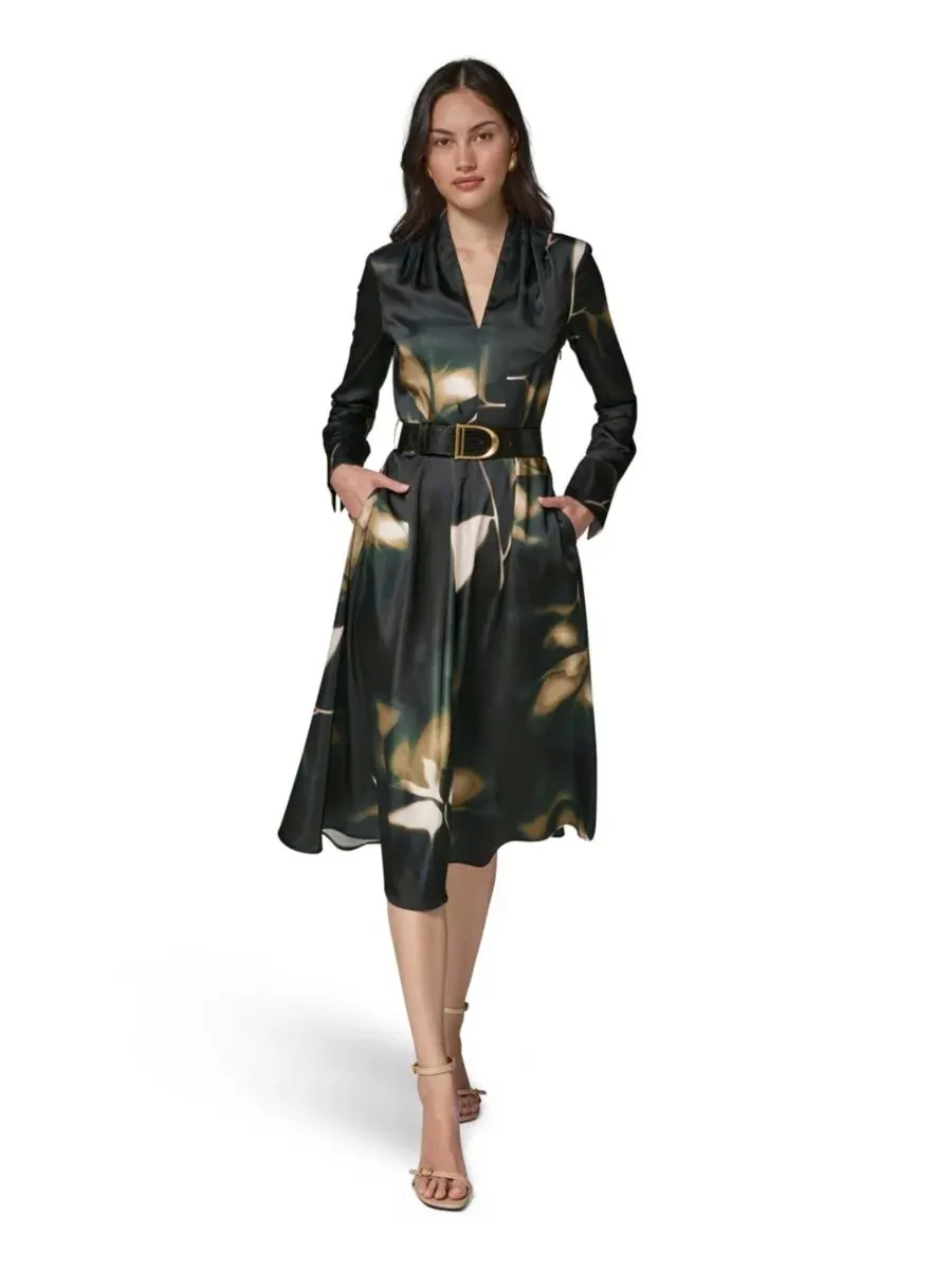 Платье-трапеция с поясом, с длинным рукавом Donna Karan New York — изображение 1 из 7, оливковый мульти
