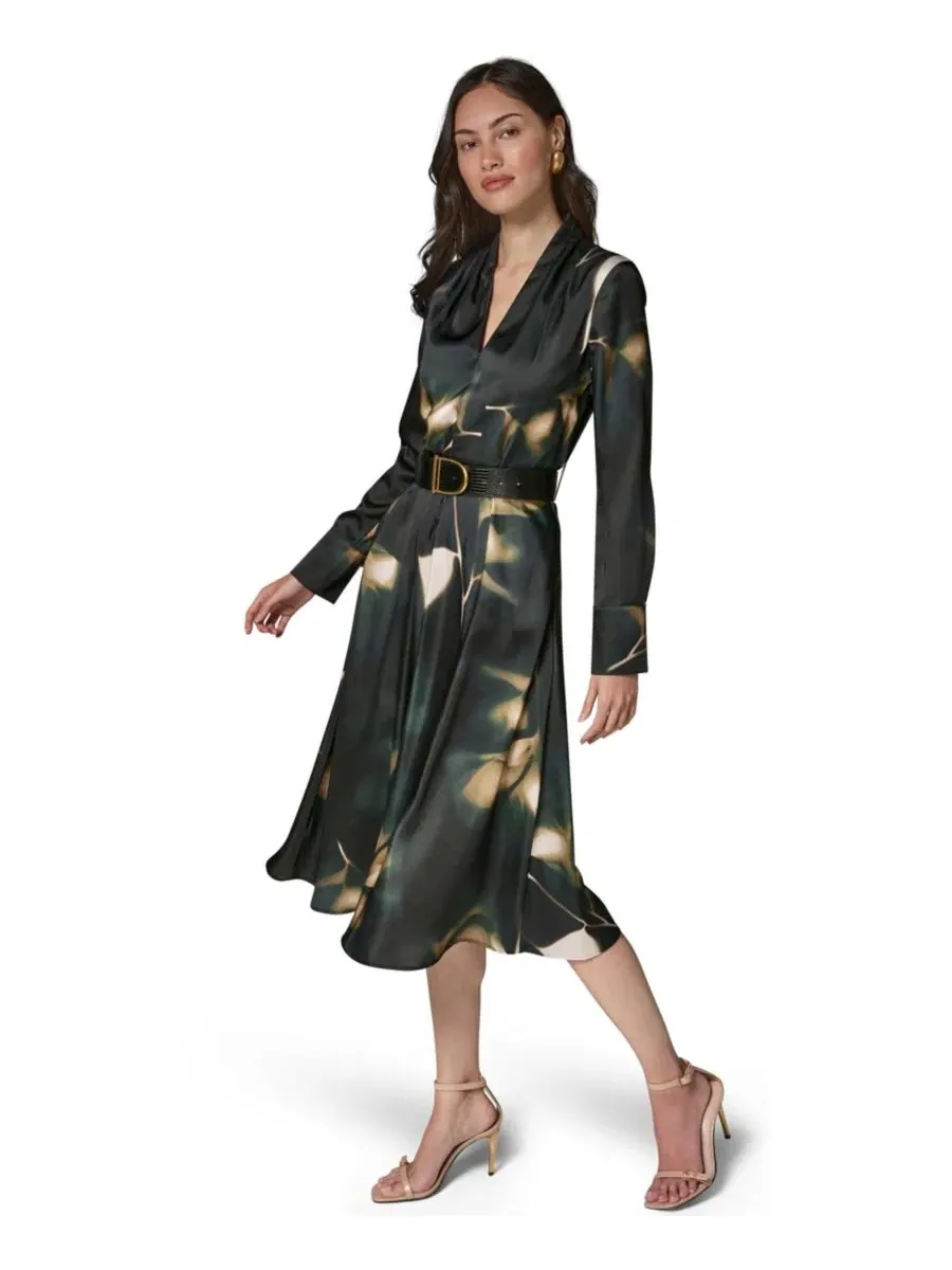 Платье-трапеция с поясом, с длинным рукавом Donna Karan New York — изображение 2 из 7, оливковый мульти