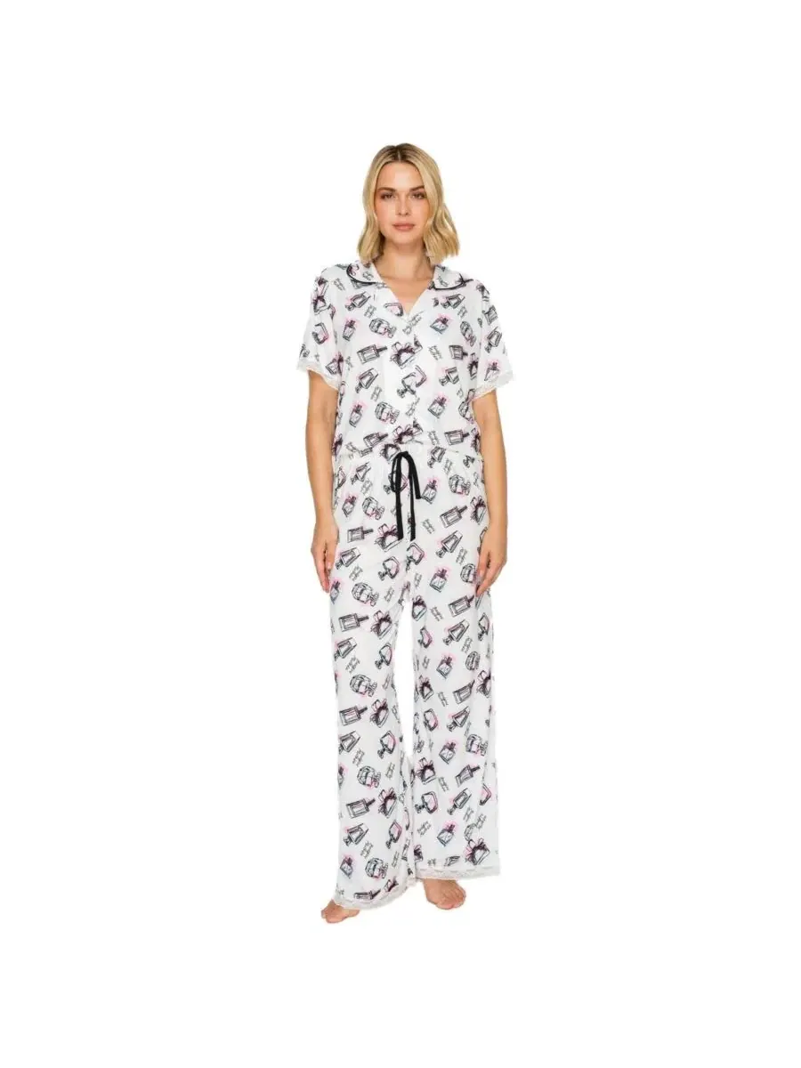 Пижамный комплект с рубашкой и широкими брюками, Yummy Short-Sleeve Button-Up Wide-Leg Top and — бежевый