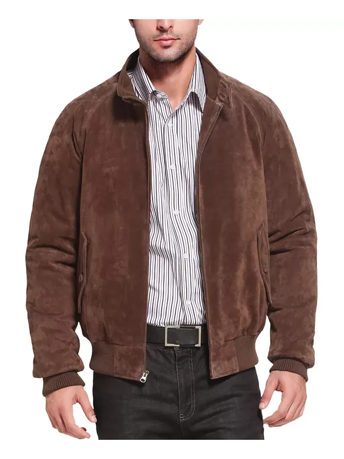 Мужская кожаная куртка-бомбер из замши WWII Landing Leathers — коричневый