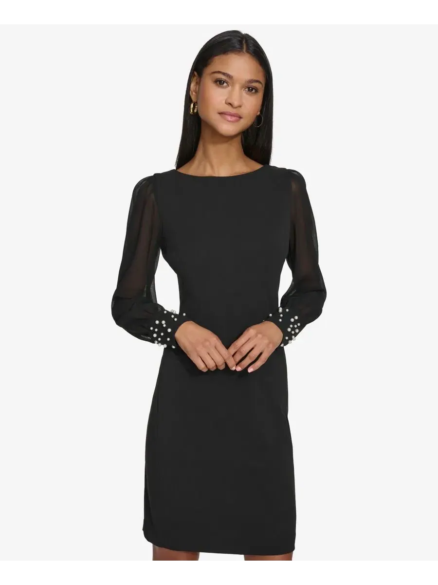 Платье с имитацией жемчуга на манжетах Illusion-Sleeve Beaded-Cuff KARL LAGERFELD PARIS — изображение 2 из 5, черный