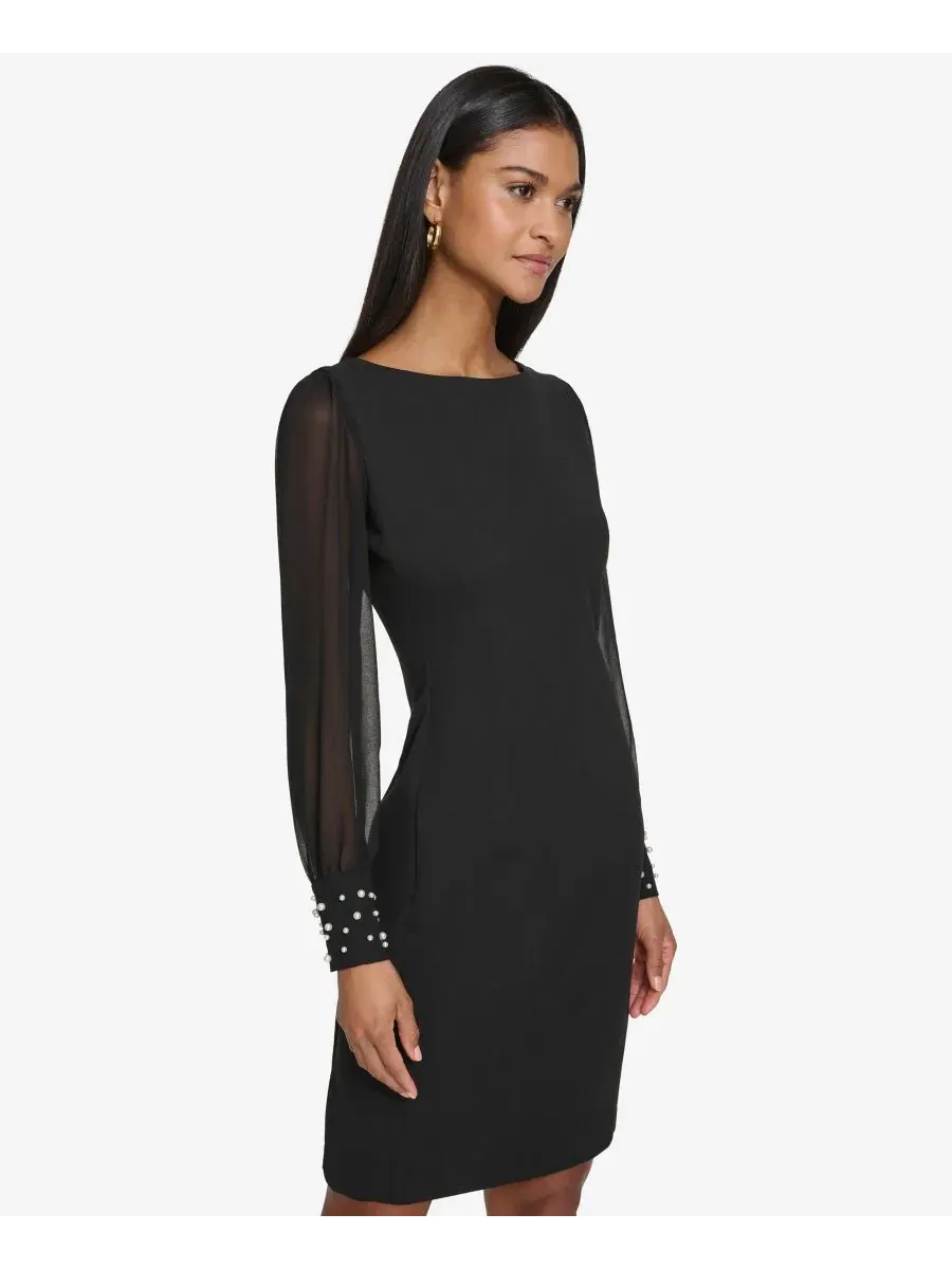 Платье с имитацией жемчуга на манжетах Illusion-Sleeve Beaded-Cuff KARL LAGERFELD PARIS — изображение 3 из 5, черный