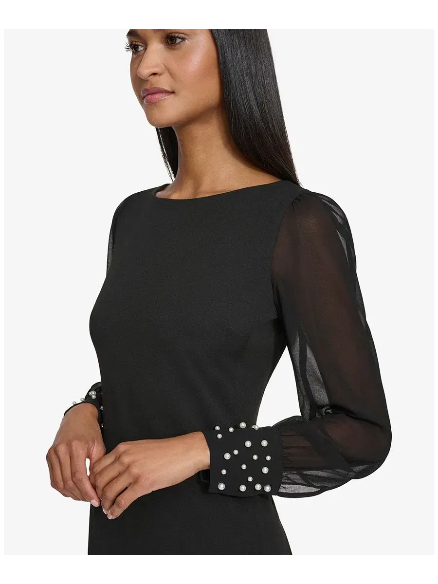 Платье с имитацией жемчуга на манжетах Illusion-Sleeve Beaded-Cuff KARL LAGERFELD PARIS — изображение 4 из 5, черный