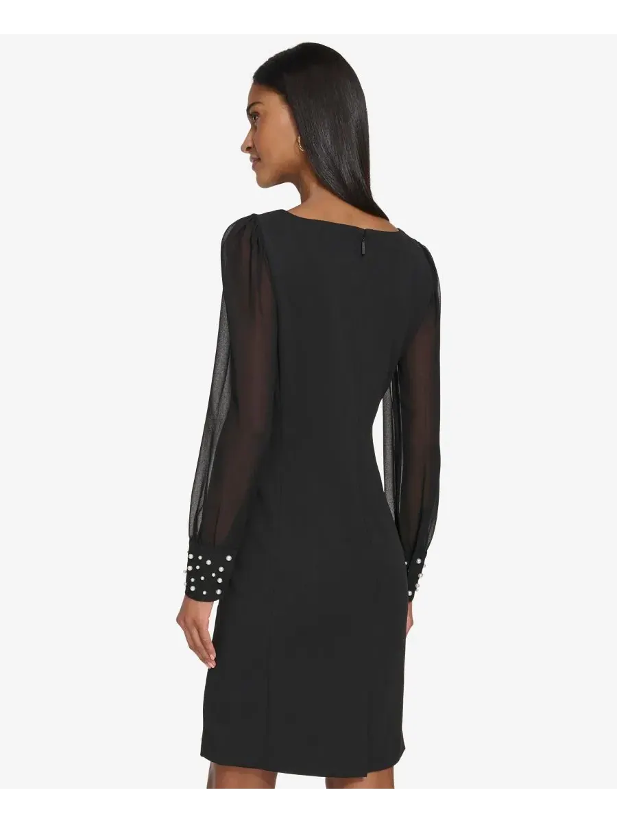 Платье с имитацией жемчуга на манжетах Illusion-Sleeve Beaded-Cuff KARL LAGERFELD PARIS — изображение 5 из 5, черный