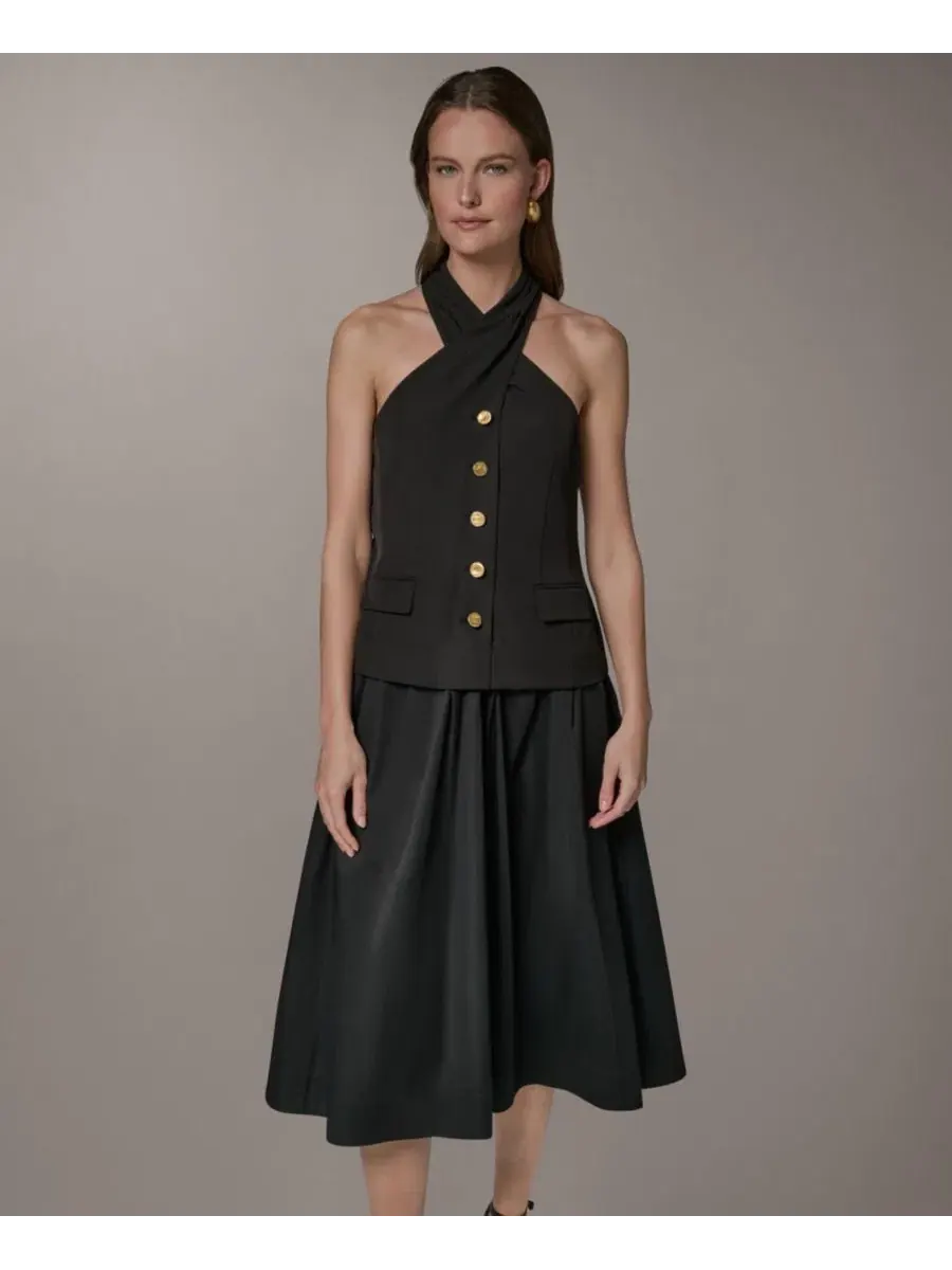 Платье-трапеция без рукавов с запахом Petite Twist Halter Neck Donna Karan New York — черный