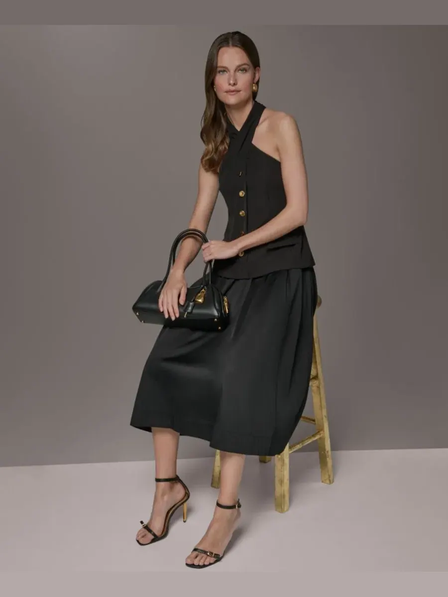 Платье-трапеция без рукавов с запахом Petite Twist Halter Neck Donna Karan New York — изображение 12 из 14, черный