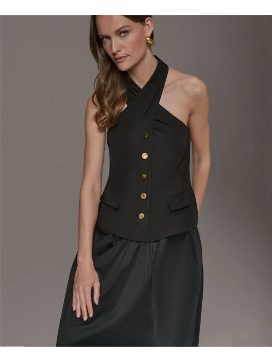 Платье-трапеция без рукавов с запахом Petite Twist Halter Neck Donna Karan New York — изображение 13 из 14, черный