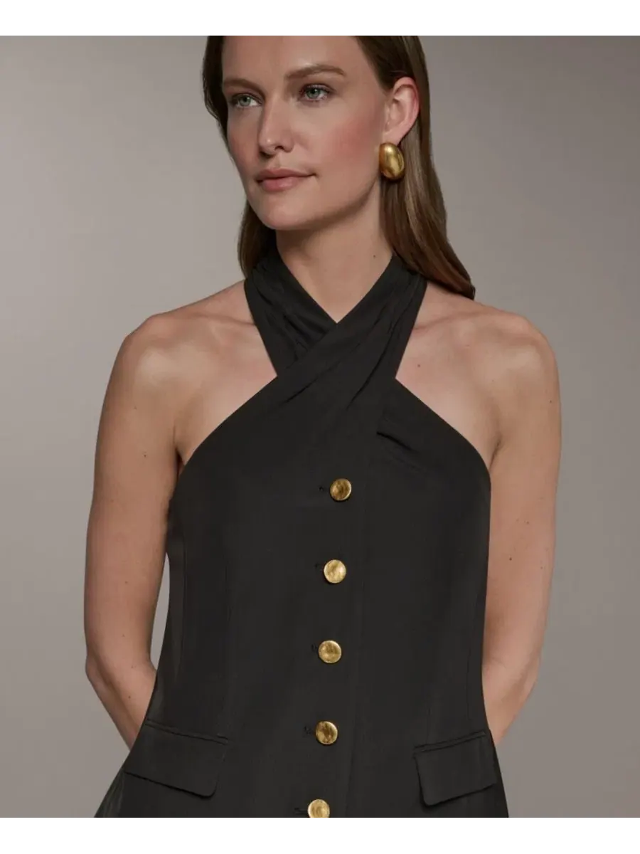 Платье-трапеция без рукавов с запахом Petite Twist Halter Neck Donna Karan New York — изображение 4 из 14, черный